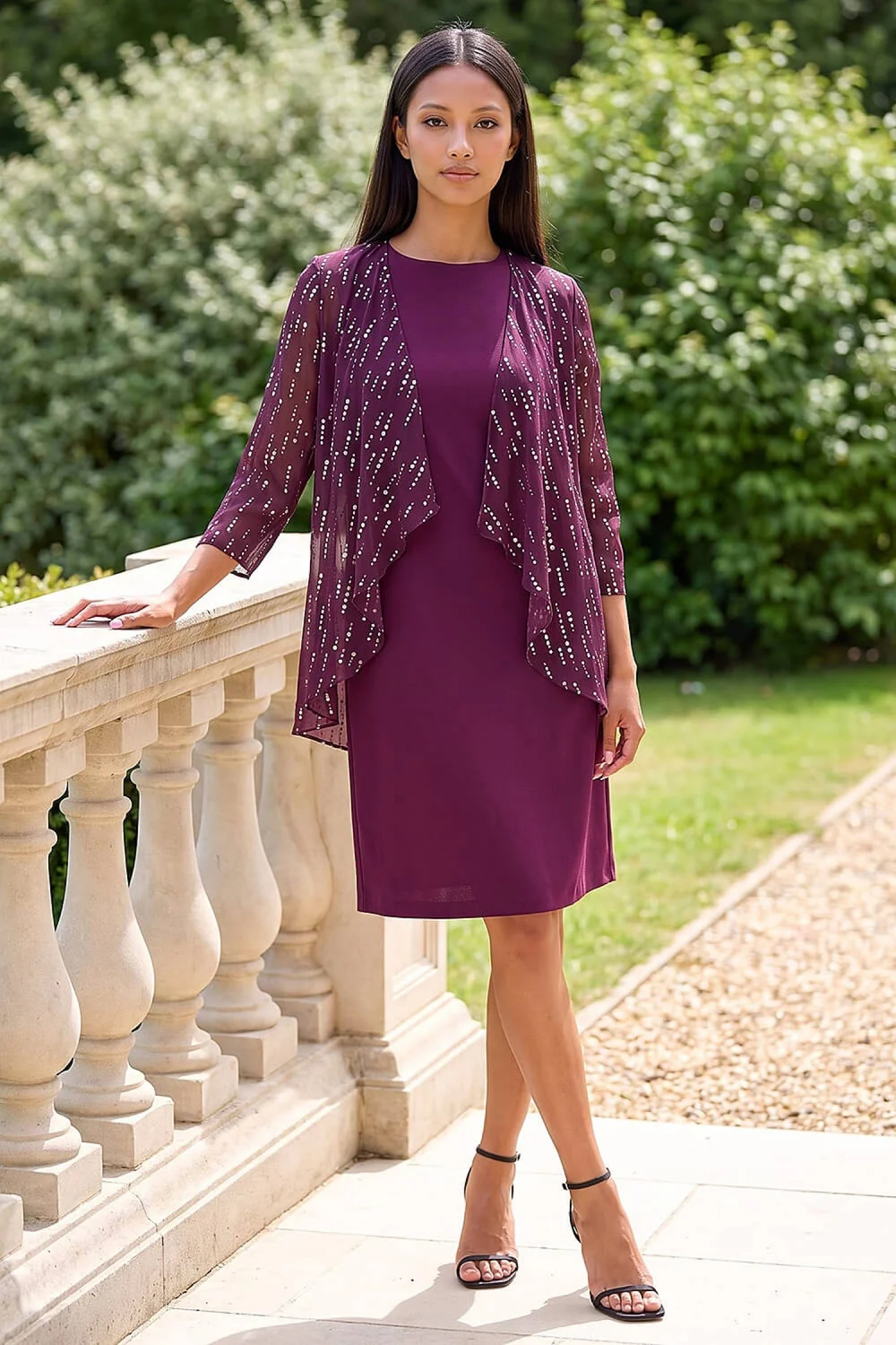 Roman Wine Petite Foil Contrast Mock Dress - 18 Image 2