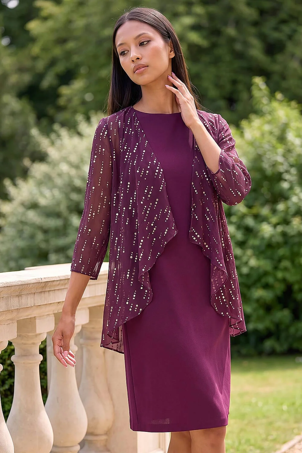 Roman Wine Petite Foil Contrast Mock Dress - 18 Image 1