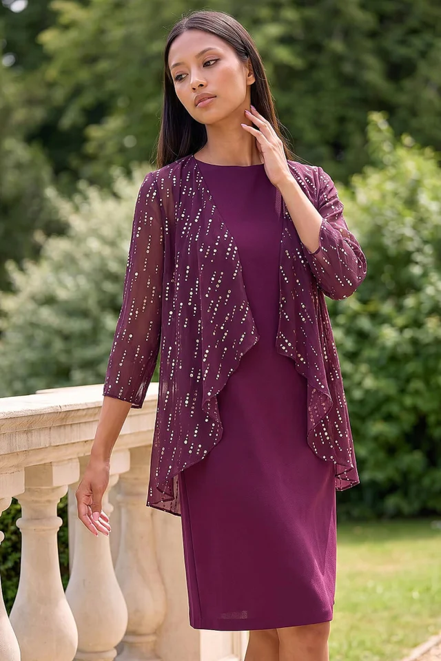 Roman Wine Petite Foil Contrast Mock Dress