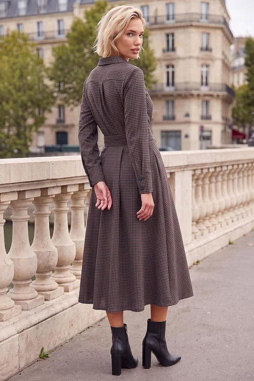 Roman Mocha Check Mock Wrap Dress - 14 Image 3
