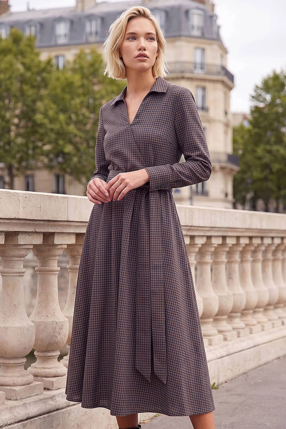 Roman Mocha Check Mock Wrap Dress - 14 Image 1