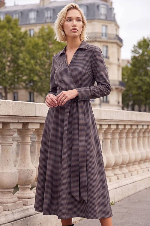Roman Mocha Check Mock Wrap Dress - 14 Image 1