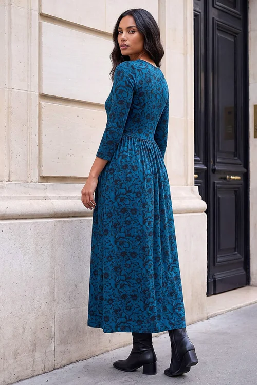 Roman Teal Printed Round Neck Dress - 12 Image 3