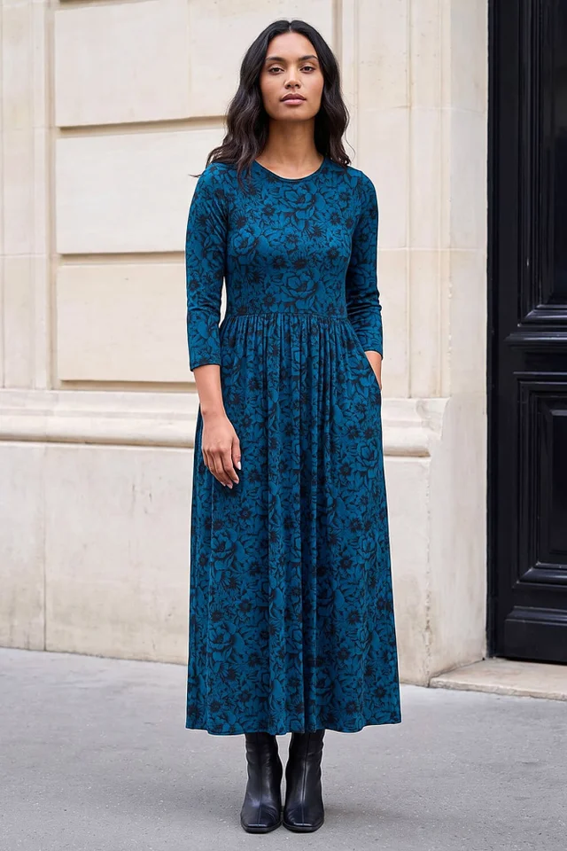 Roman Teal Printed Round Neck Dress