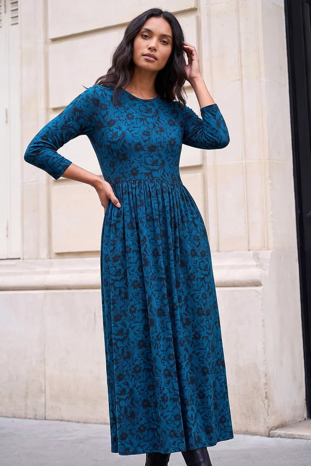 Roman Teal Printed Round Neck Dress