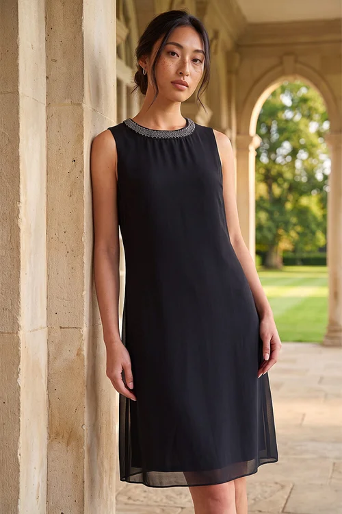 Roman Black Petite 2 in 1 Neck Trim Shift Dress - 16 Image 2