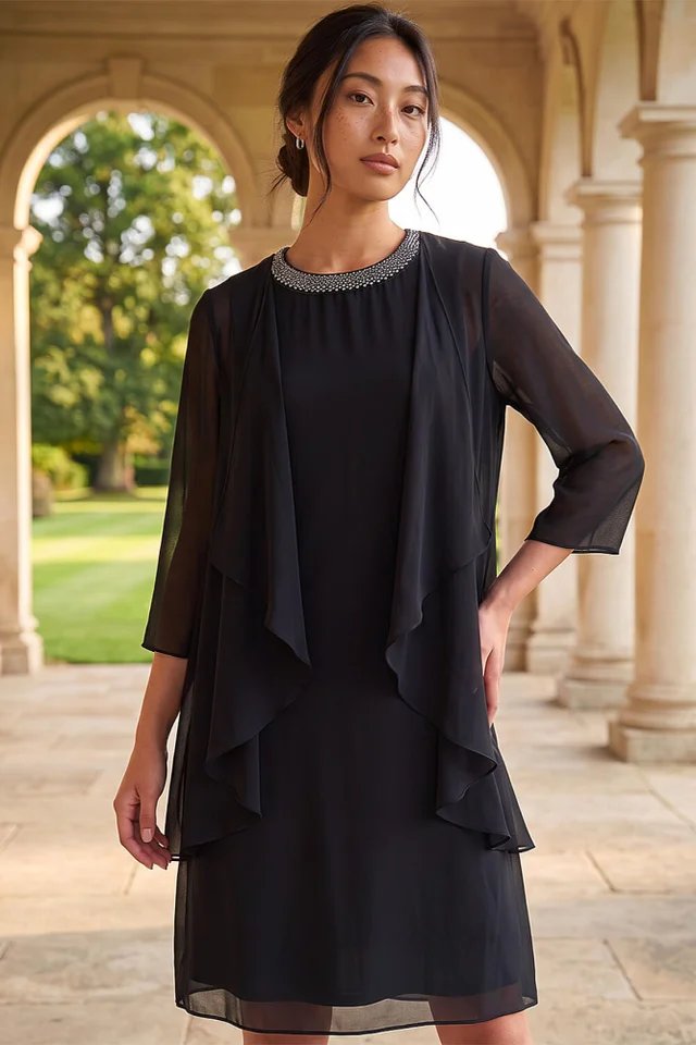 Roman Black Petite 2 in 1 Neck Trim Shift Dress