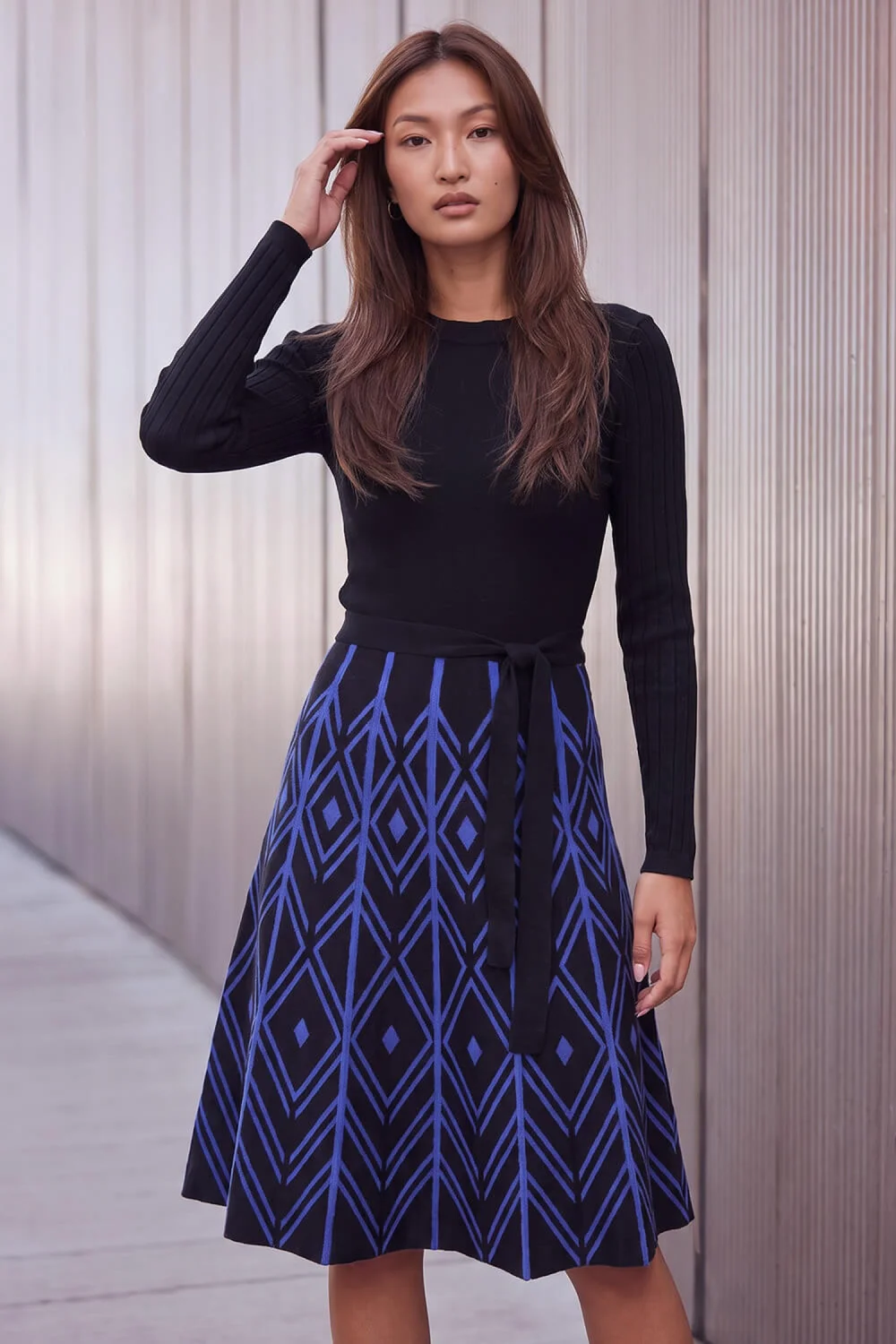Roman Royal Blue Chevron Belted Dress - 16 Image 1