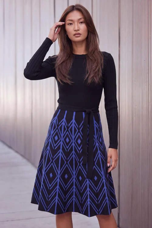 Roman Royal Blue Chevron Belted Dress - 16 Image 1