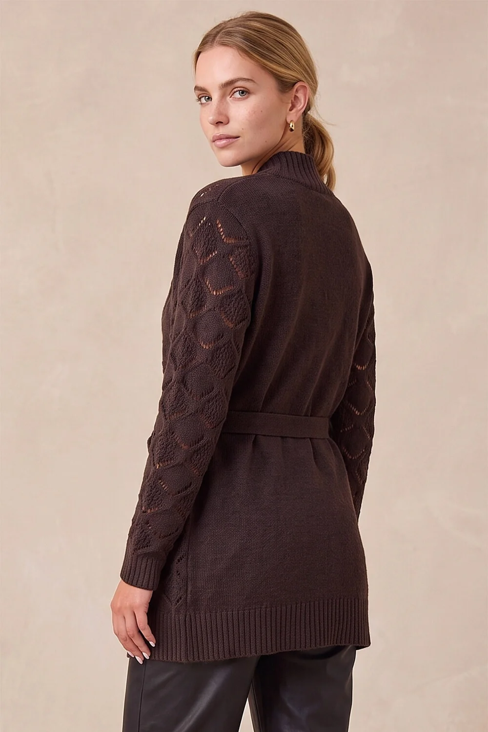 Roman Chocolate Pointelle Belted Cardigan - 20 Image 3