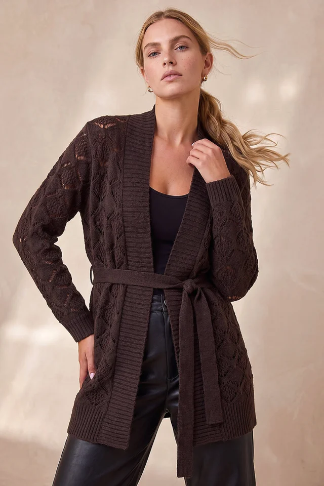 Roman Chocolate Pointelle Belted Cardigan