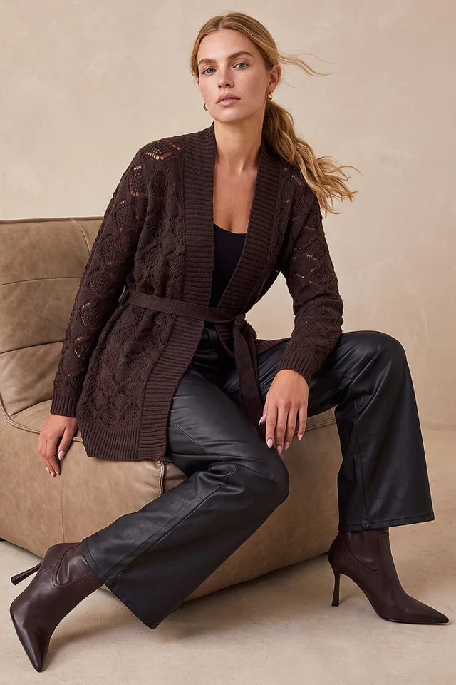 Roman Chocolate Pointelle Belted Cardigan