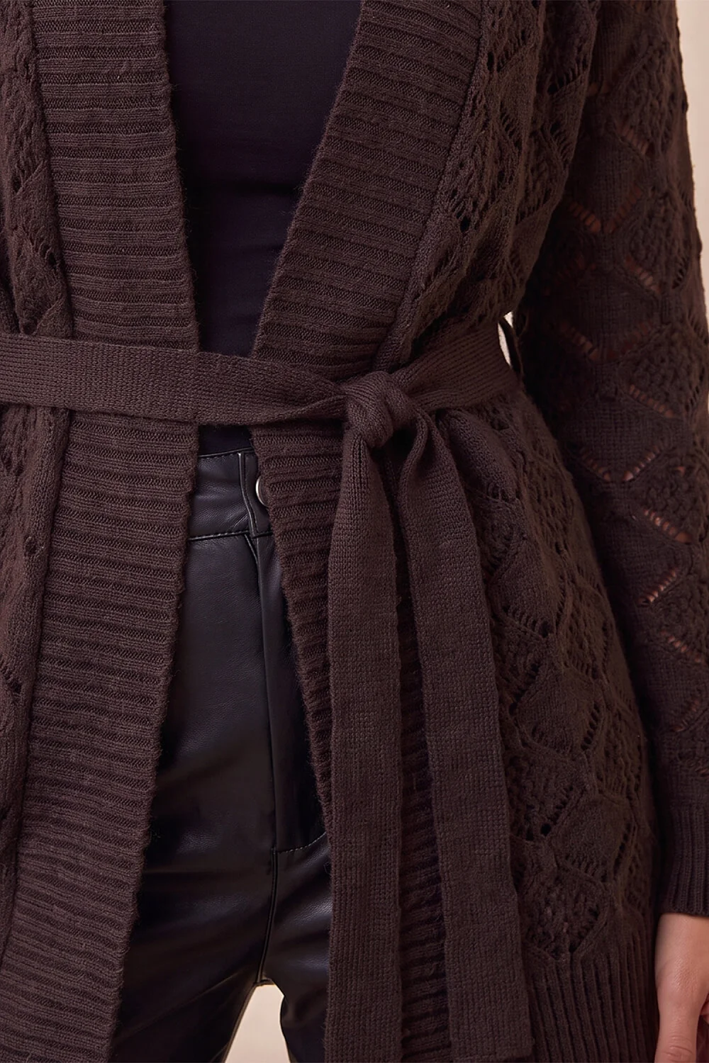 Roman Chocolate Pointelle Belted Cardigan - 20 Image 4
