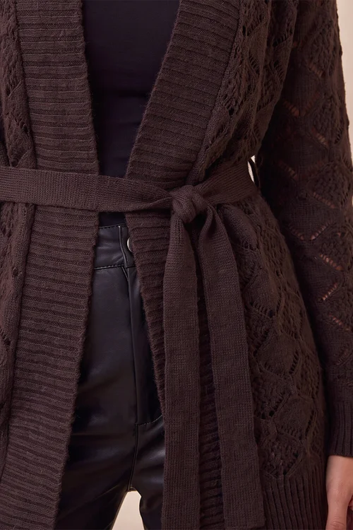 Roman Chocolate Pointelle Belted Cardigan - 20 Image 4