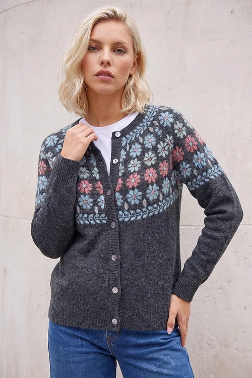 Roman Dark Grey Petite Floral Fairisle Cardigan - 12 Image 1