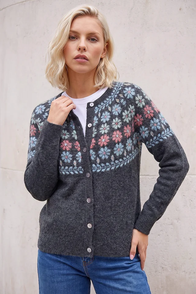 Roman Dark Grey Petite Floral Fairisle Cardigan