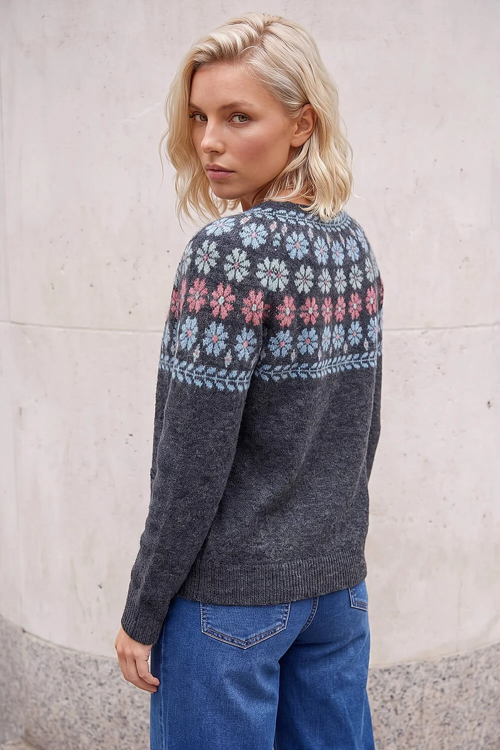Roman Dark Grey Petite Floral Fairisle Cardigan - 12 Image 3