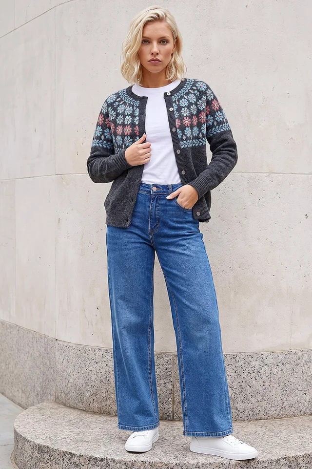 Roman Dark Grey Petite Floral Fairisle Cardigan