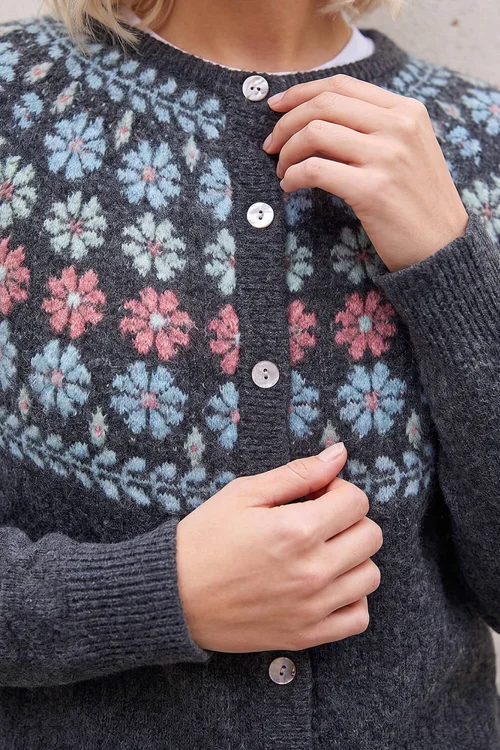 Roman Dark Grey Petite Floral Fairisle Cardigan - 12 Image 4