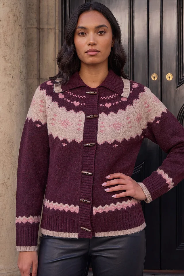 Roman Burgundy Heart Jacquard Knit Cardigan