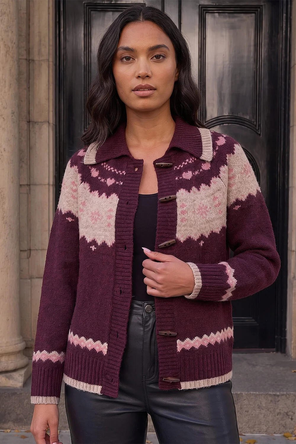 Roman Burgundy Heart Jacquard Knit Cardigan - 18 Image 1