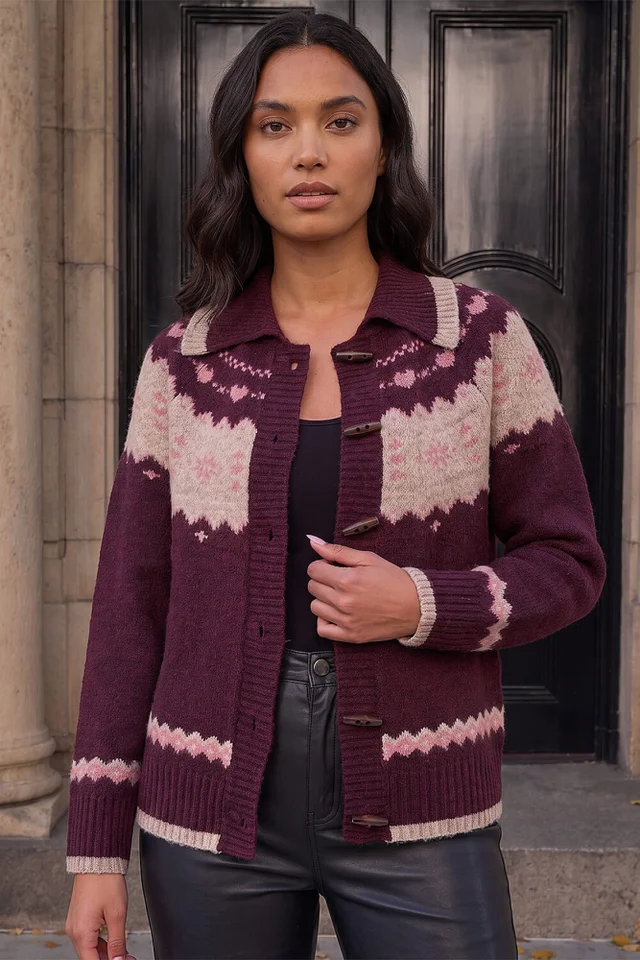 Roman Burgundy Heart Jacquard Knit Cardigan