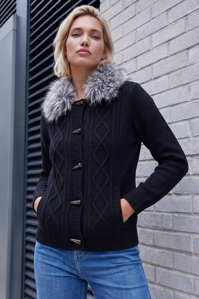 Roman Black Faux Fur Collar Cardigan