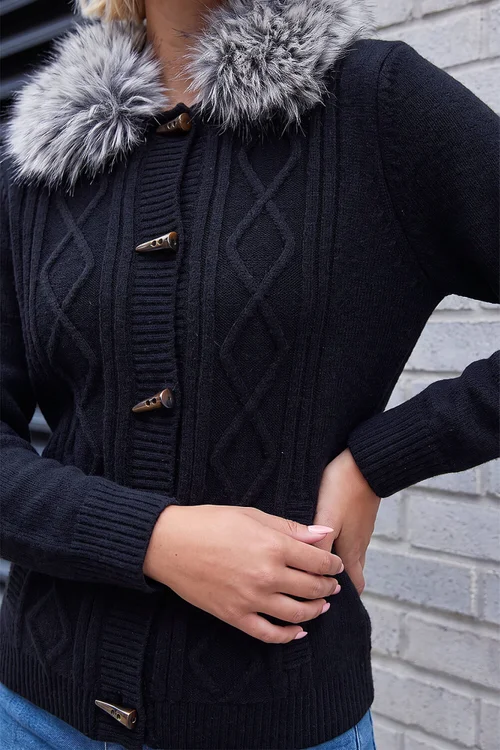 Roman Black Faux Fur Collar Cardigan - 14 Image 4
