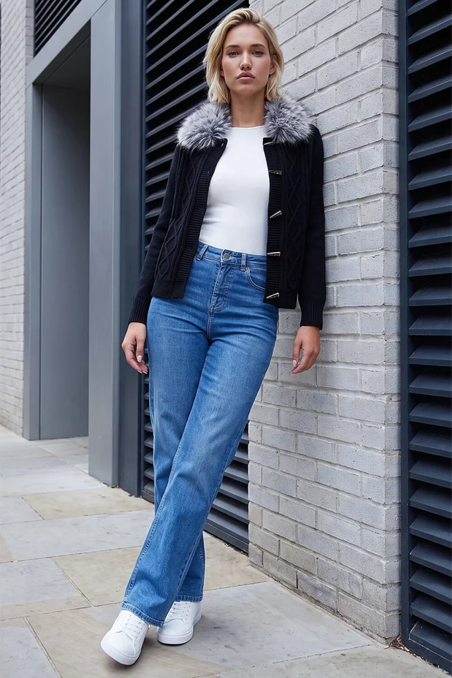 Roman Black Faux Fur Collar Cardigan