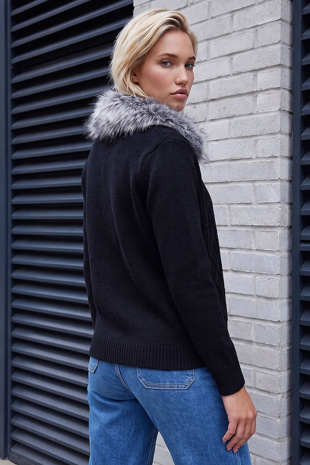 Roman Black Faux Fur Collar Cardigan - 14 Image 3