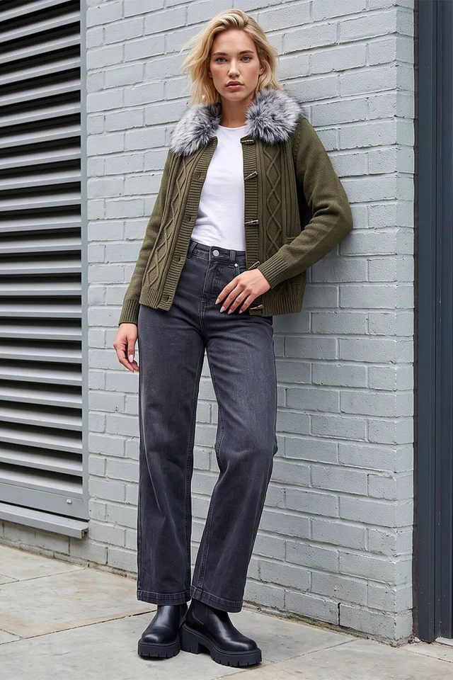 Roman Olive Faux Fur Collar Cardigan