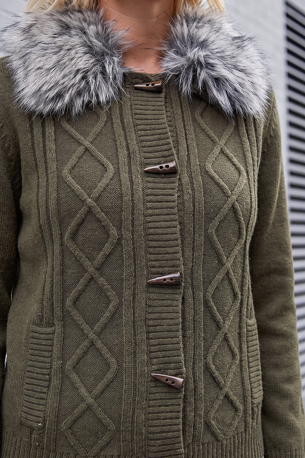 Roman Olive Faux Fur Collar Cardigan - 16 Image 4