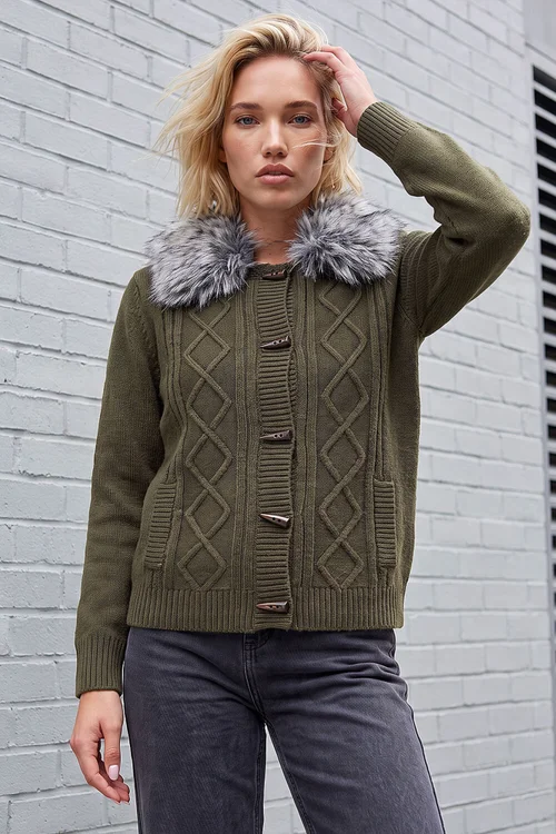 Roman Olive Faux Fur Collar Cardigan - 16 Image 1