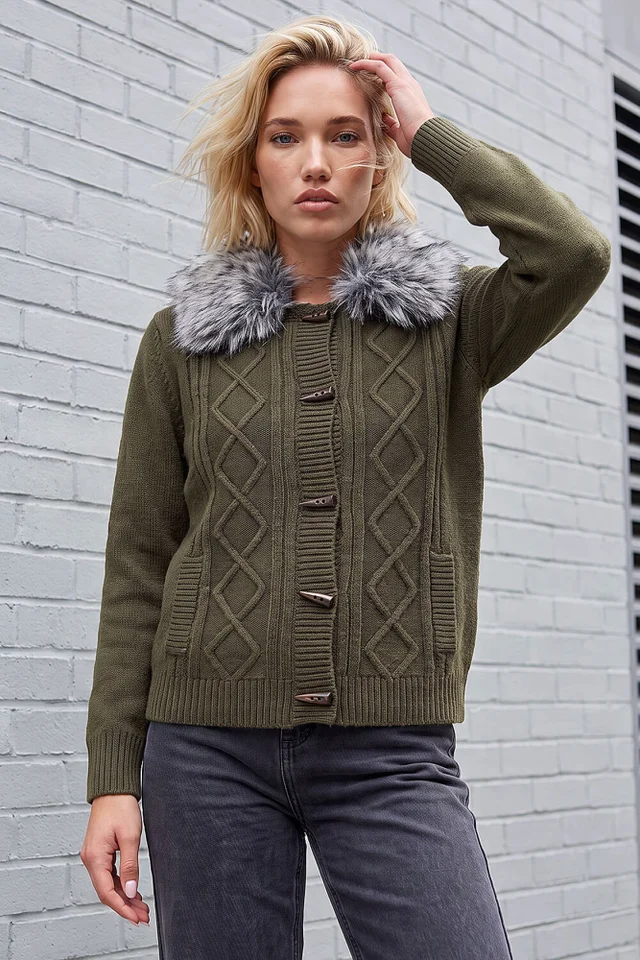 Roman Olive Faux Fur Collar Cardigan