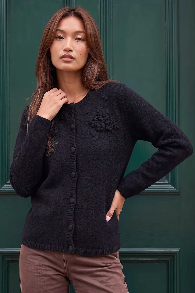 Roman Black Floral Corsage Cardigan