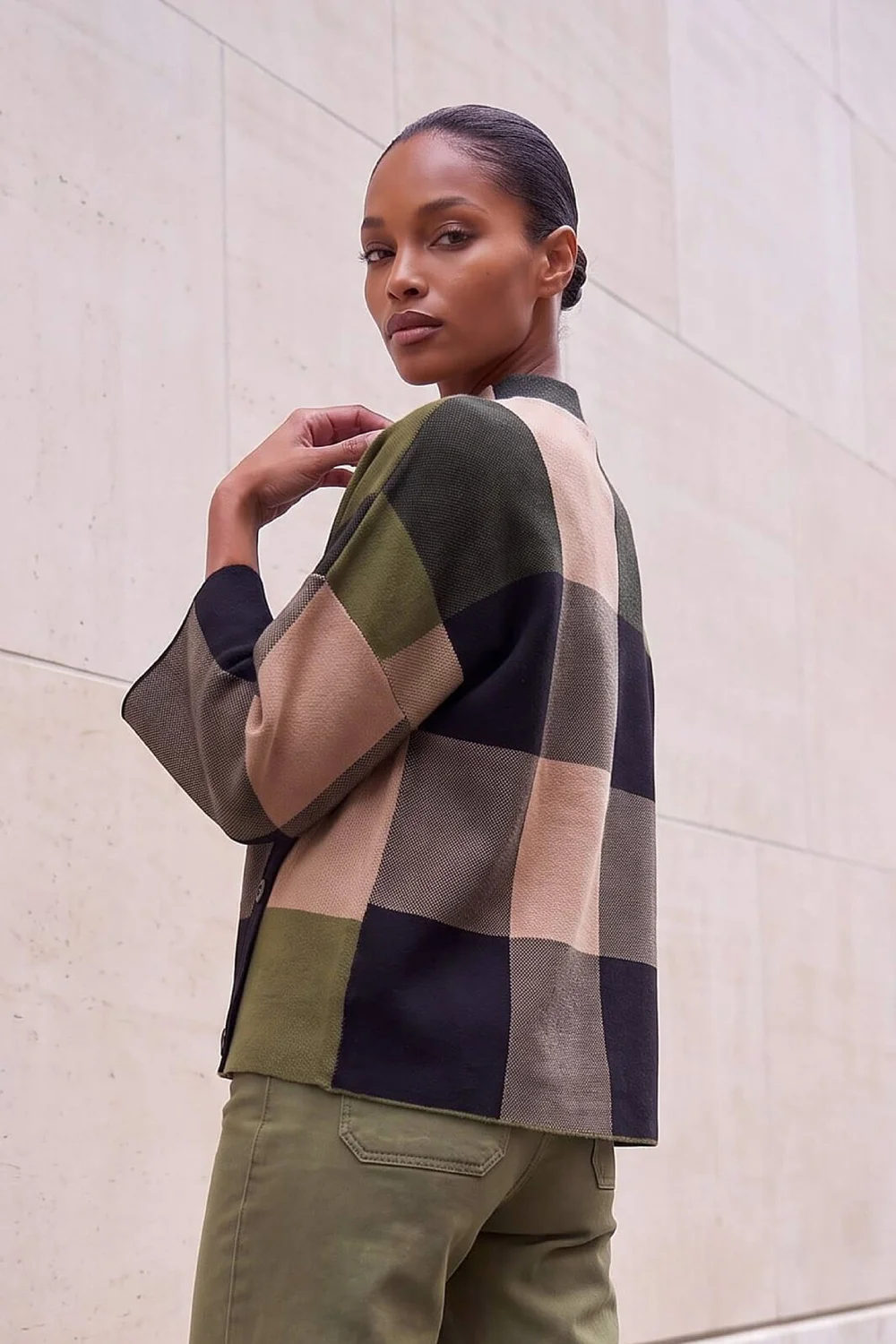 Roman Olive Check Button Detail Knit Cape - 20 Image 3