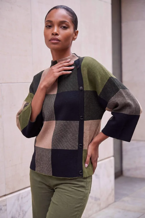 Roman Olive Check Button Detail Knit Cape - 20 Image 1