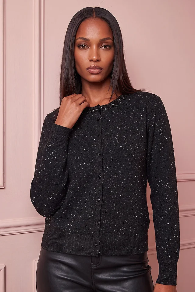 Roman Black Sequin Crew Cardigan