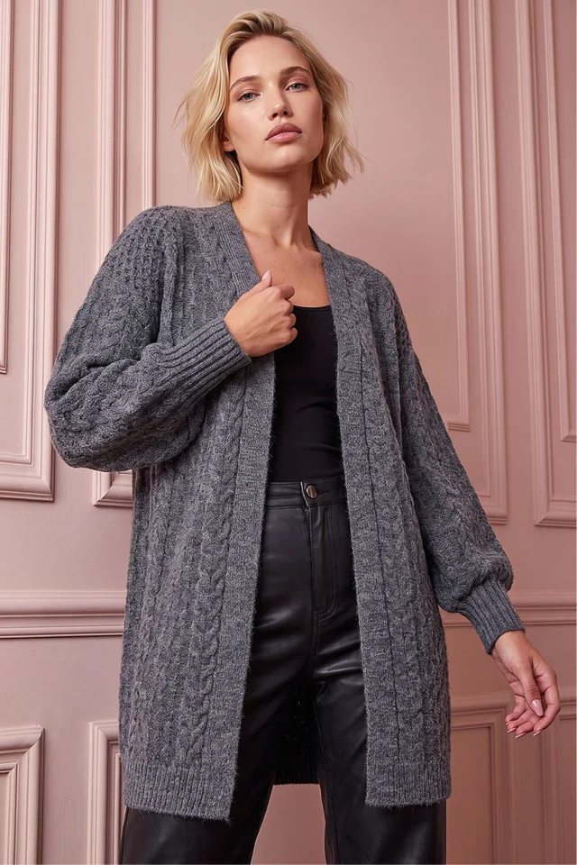 Roman Dark Grey Chunky Cable Cardigan