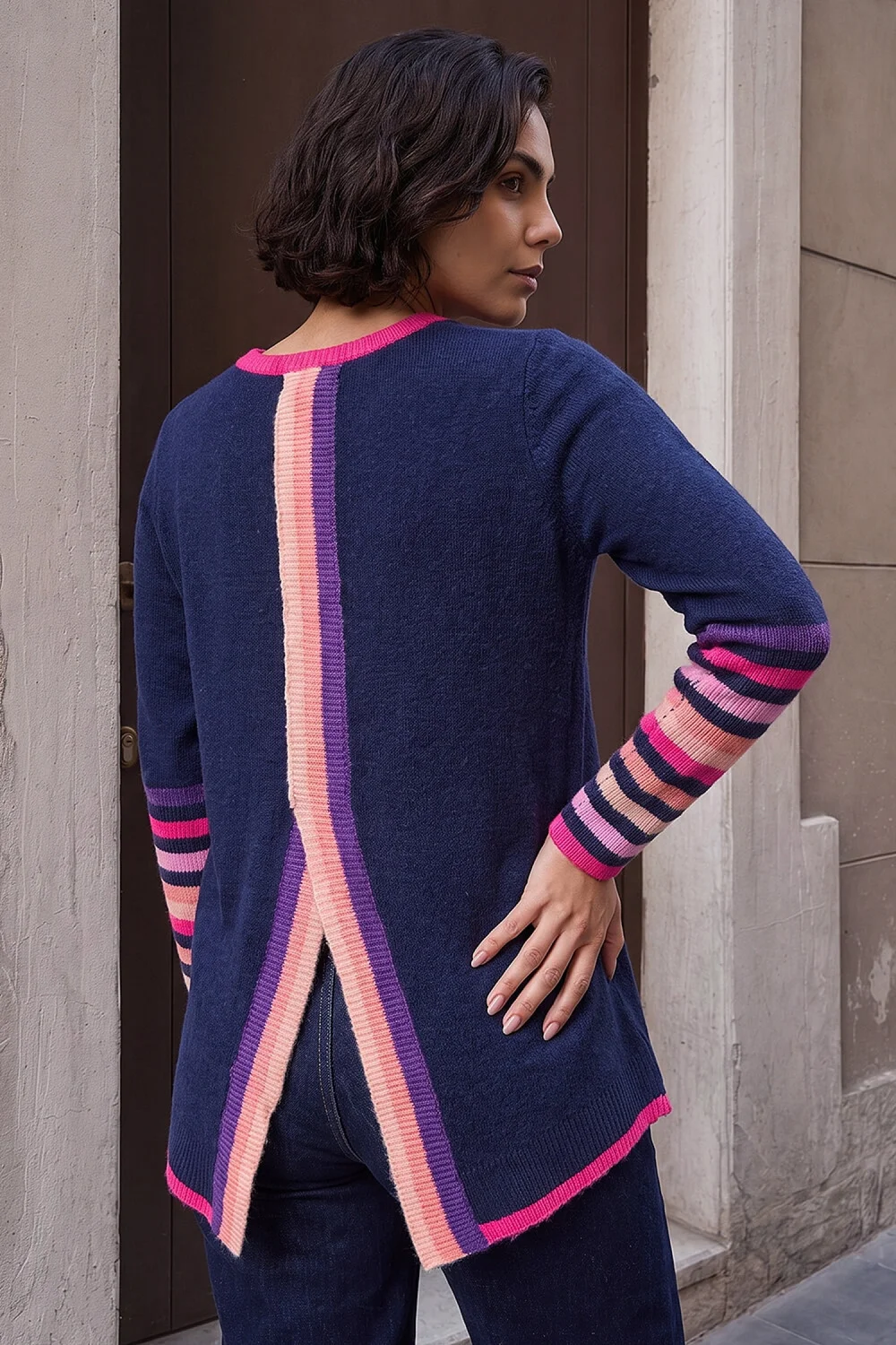 Roman Navy Contrast Stripe Detail Knit Jumper - 14 Image 3