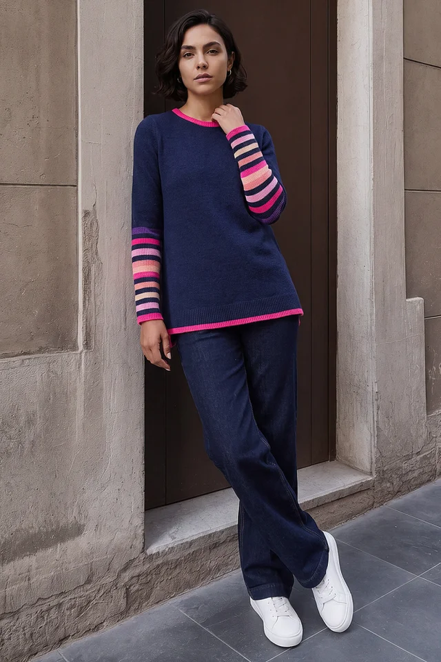 Roman Navy Contrast Stripe Detail Knit Jumper