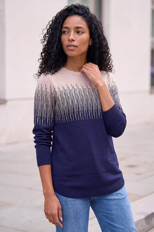 Roman Navy Sparkly Colour Block Knitted Jumper - 20 Image 1