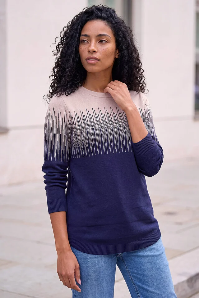 Roman Navy Sparkly Colour Block Knitted Jumper