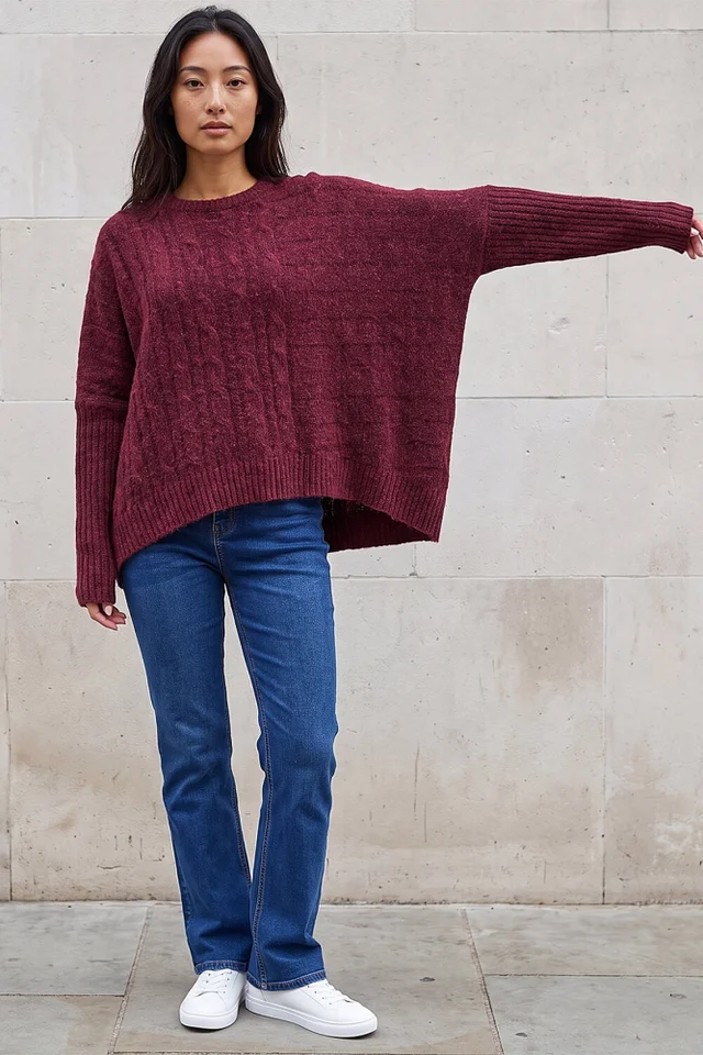 Roman Burgundy Petite Contrast Cable Knit Jumper