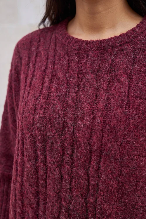 Roman Burgundy Petite Contrast Cable Knit Jumper - L Image 4