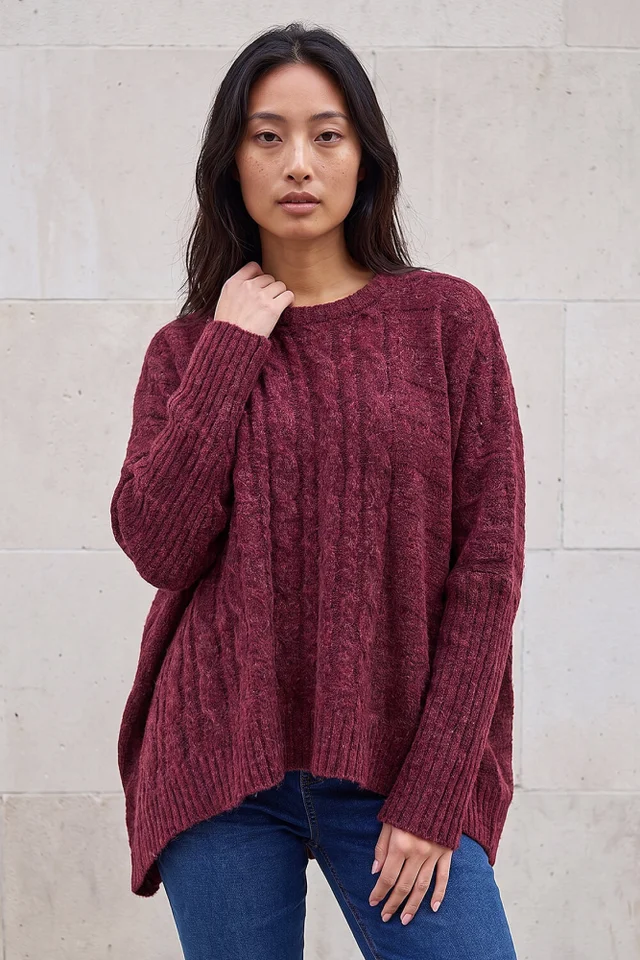 Roman Burgundy Petite Contrast Cable Knit Jumper