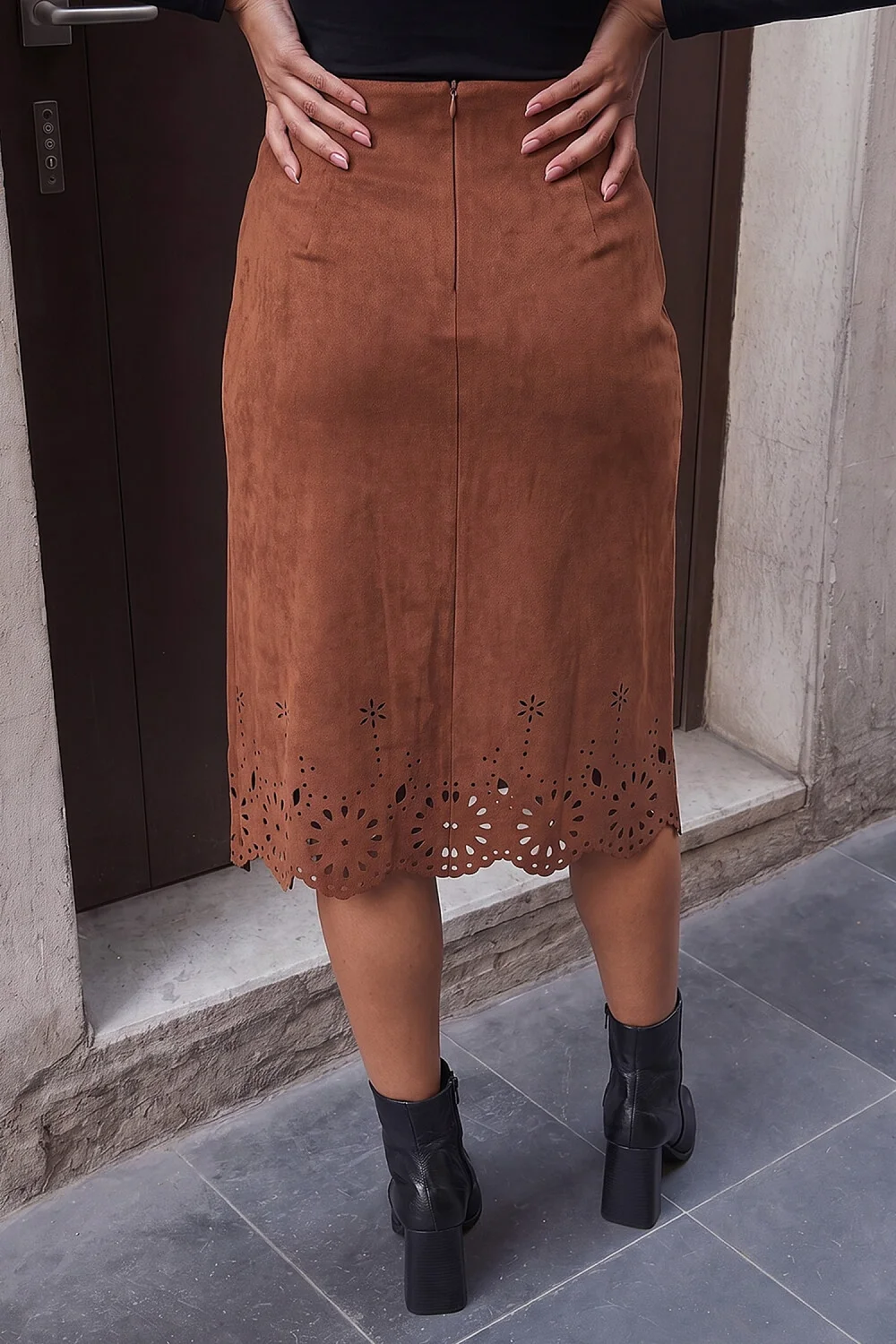 Roman Tan Faux Suede Laser Cut Pencil Skirt - 20 Image 3