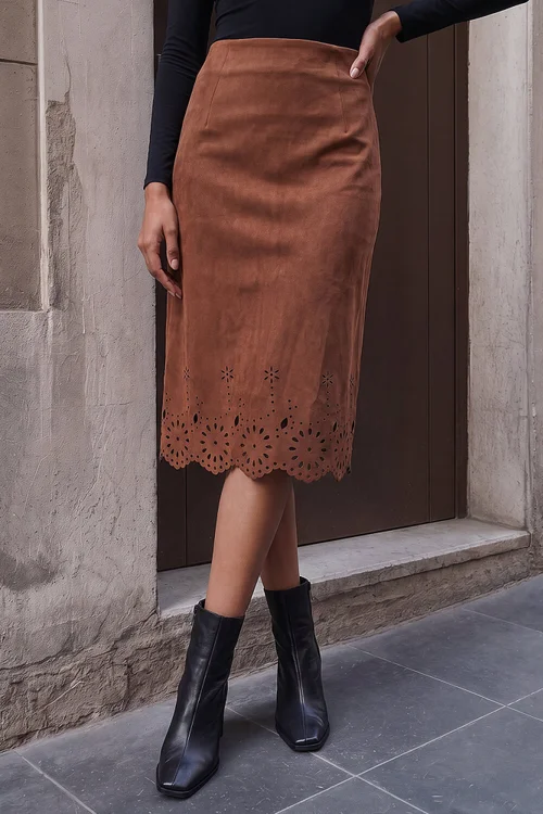 Roman Tan Faux Suede Laser Cut Pencil Skirt - 20 Image 1