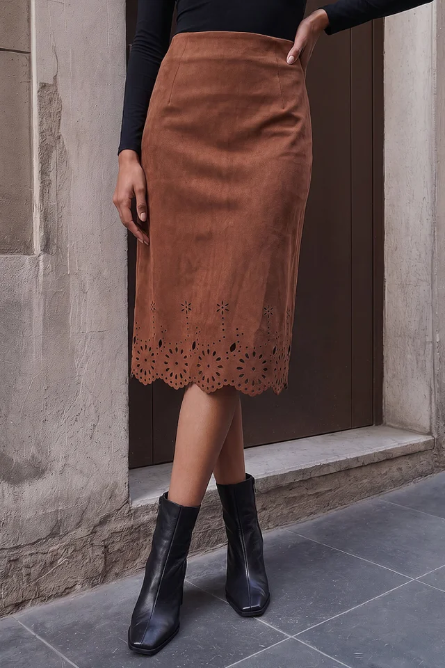 Roman Tan Faux Suede Laser Cut Pencil Skirt