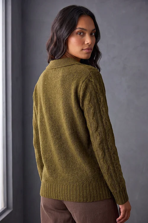 Roman Olive Cable Knit Henley Jumper - 14 Image 3